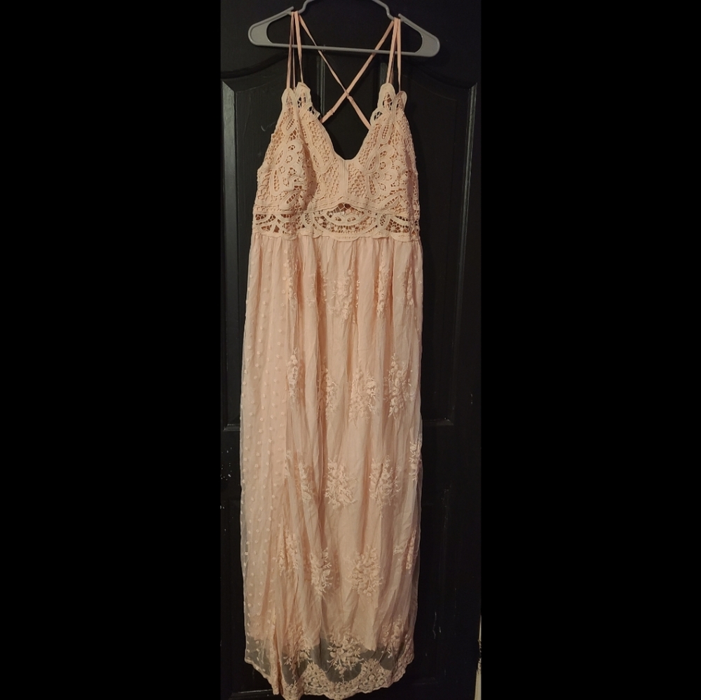 Perfectly Priscilla blush lace cross lace Maxi Dress
